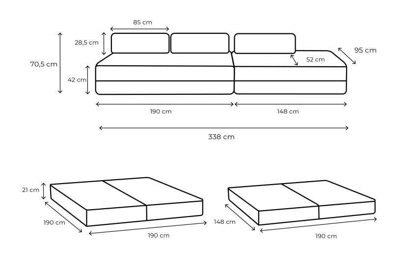 Canapé 5 places - 2 modules convertibles : Canapé 3 places + Canapé 2 places - Tissu lisse Marron