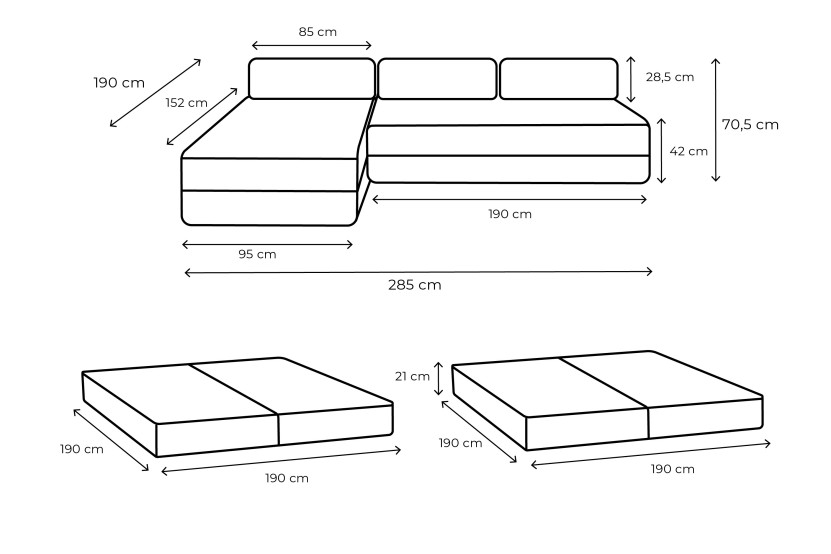Canapé d'angle 6 places - 2 modules convertibles : Canapé 3 places + Méridienne - Tissu lisse Rose