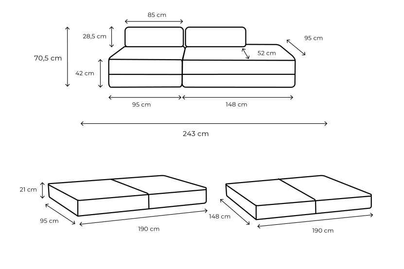 Canapé 3 places - 2 modules convertibles : Canapé 2 places + Fauteuil - Tissu lisse Gris clair
