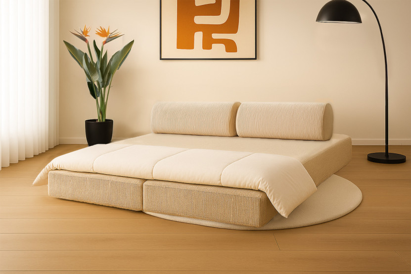 Canapé 3 places convertible et modulable - Velours côtelé Beige