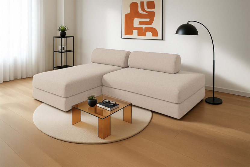 Canapé d'angle 5 places - 2 modules convertibles : Canapé 2 places + Méridienne - Tissu lisse Beige