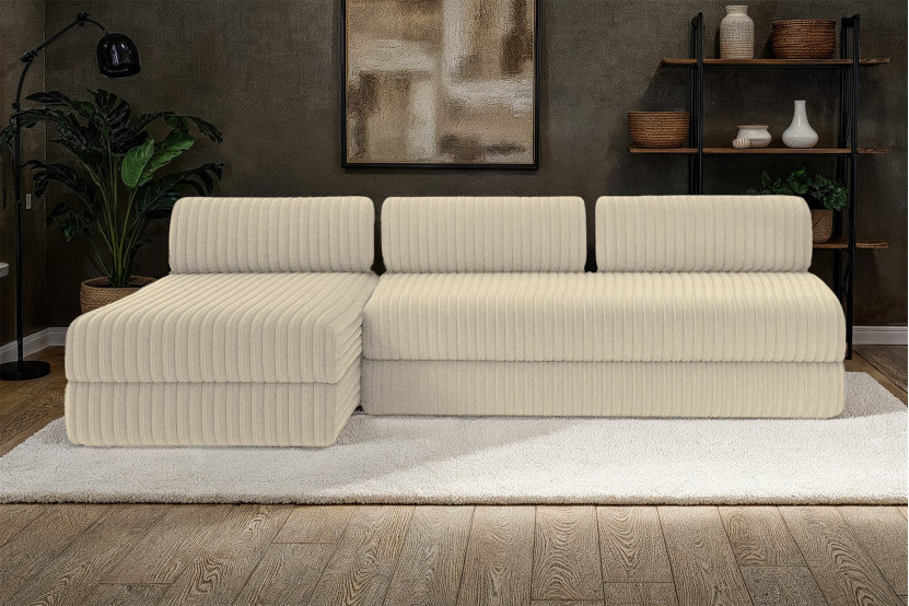 Canapé d'angle 6 places - 2 modules convertibles : Canapé 3 places + Méridienne - Velours côtelé XL Beige