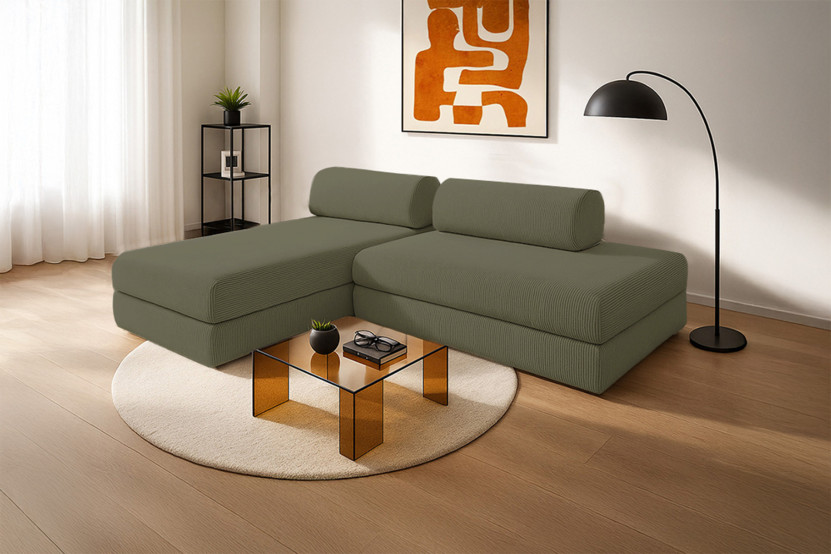 Canapé d'angle 5 places - 2 modules convertibles : Canapé 2 places + Méridienne - Velours côtelé Vert