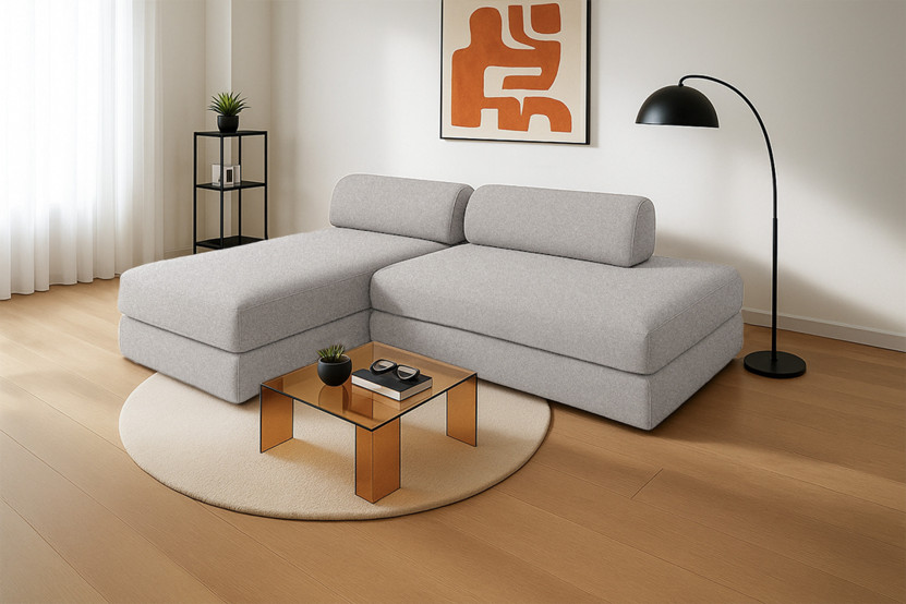 Canapé d'angle 5 places - 2 modules convertibles : Canapé 2 places + Méridienne - Tissu lisse Gris clair