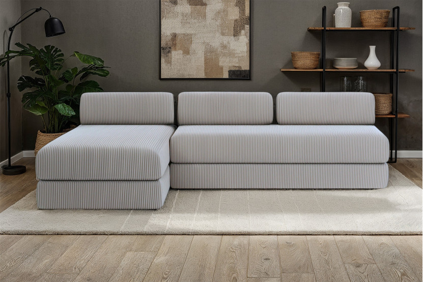 Canapé d'angle 6 places - 2 modules convertibles : Canapé 3 places + Méridienne - Velours côtelé Gris clair