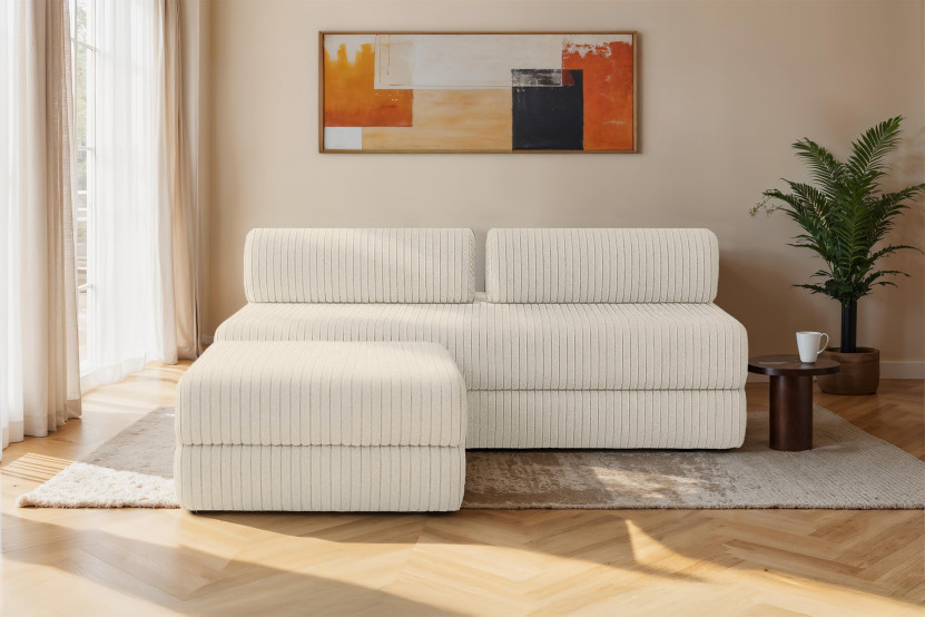 Canapé d'angle 4 places - 2 modules convertibles : Canapé 3 places + Pouf - Velours côtelé XL Blanc