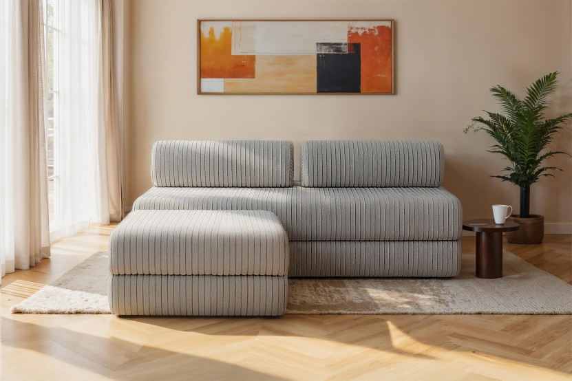 Canapé d'angle 4 places - 2 modules convertibles : Canapé 3 places + Pouf - Velours côtelé XL Gris clair