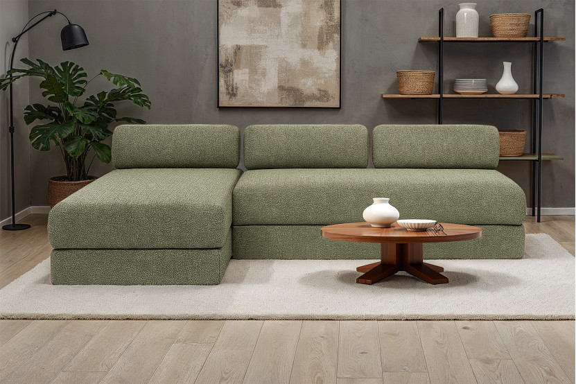 Canapé d'angle 6 places - 2 modules convertibles : Canapé 3 places + Méridienne - Tissu tweed Vert