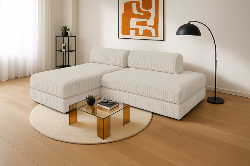 Canapé d'angle 5 places - 2 modules convertibles : Canapé 2 places + Méridienne - Velours côtelé XL Blanc