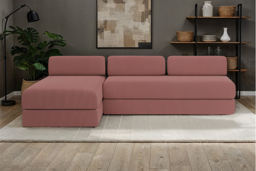 Canapé d'angle 6 places - 2 modules convertibles : Canapé 3 places + Méridienne - Velours côtelé Rose