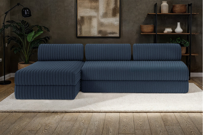 Canapé d'angle 6 places - 2 modules convertibles : Canapé 3 places + Méridienne - Velours côtelé XL Bleu