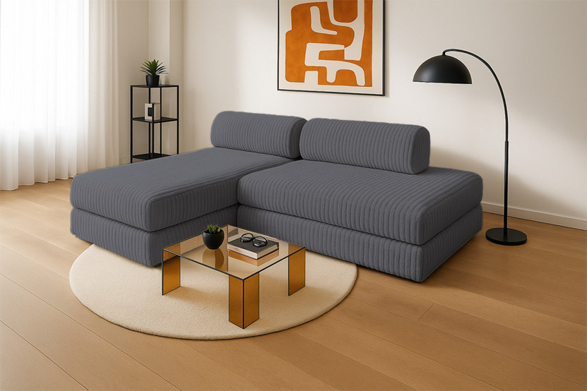 Canapé d'angle 5 places - 2 modules convertibles : Canapé 2 places + Méridienne - Velours côtelé XL Gris