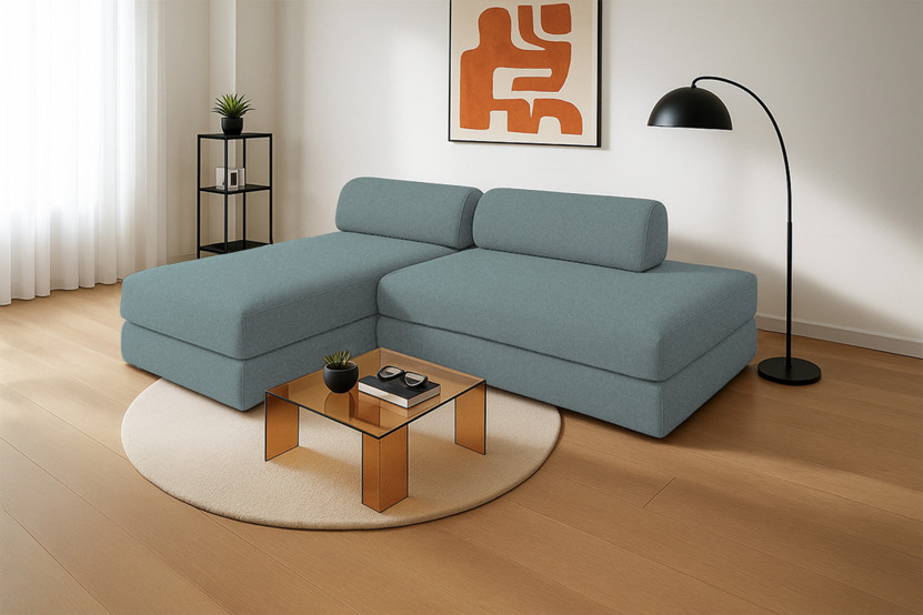 Canapé d'angle 5 places - 2 modules convertibles : Canapé 2 places + Méridienne - Tissu lisse Vert