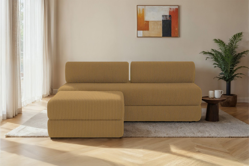 Canapé d'angle 4 places - 2 modules convertibles : Canapé 3 places + Pouf - Velours côtelé Jaune