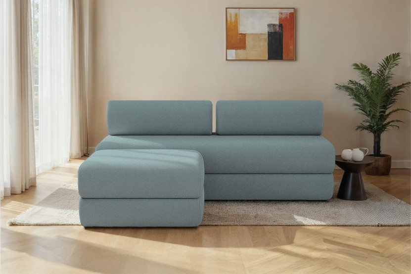 Canapé d'angle 4 places - 2 modules convertibles : Canapé 3 places + Pouf - Tissu lisse Vert