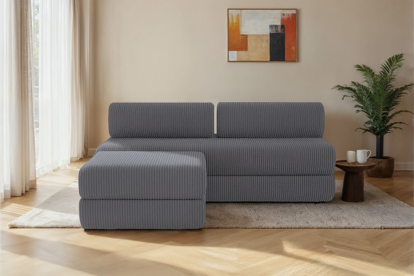 Canapé d'angle 4 places - 2 modules convertibles : Canapé 3 places + Pouf - Velours côtelé Gris