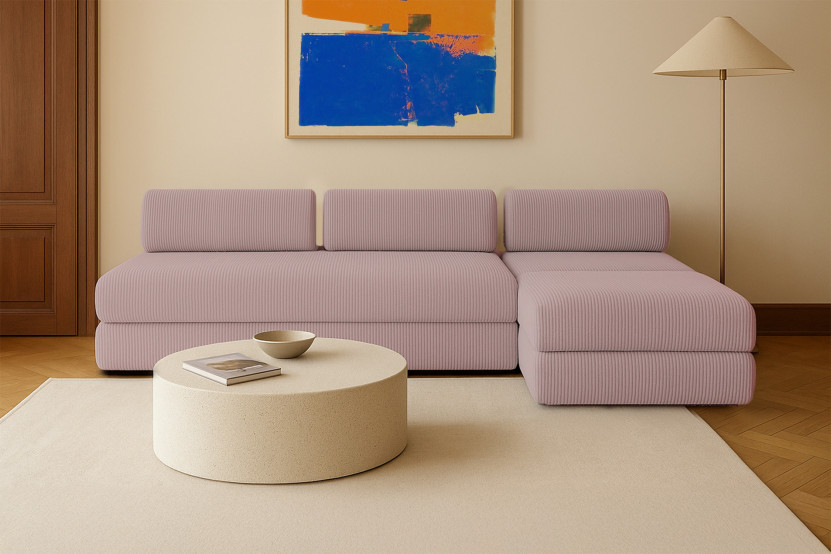 Canapé d'angle 6 places - 3 modules convertibles : Canapé 3 places + Fauteuil + Pouf - Velours côtelé Rose pâle