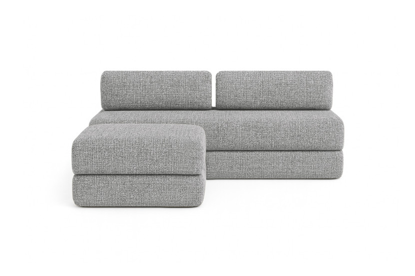 Canapé d'angle 4 places - 2 modules convertibles : Canapé 3 places + Pouf - Tissu tweed Gris