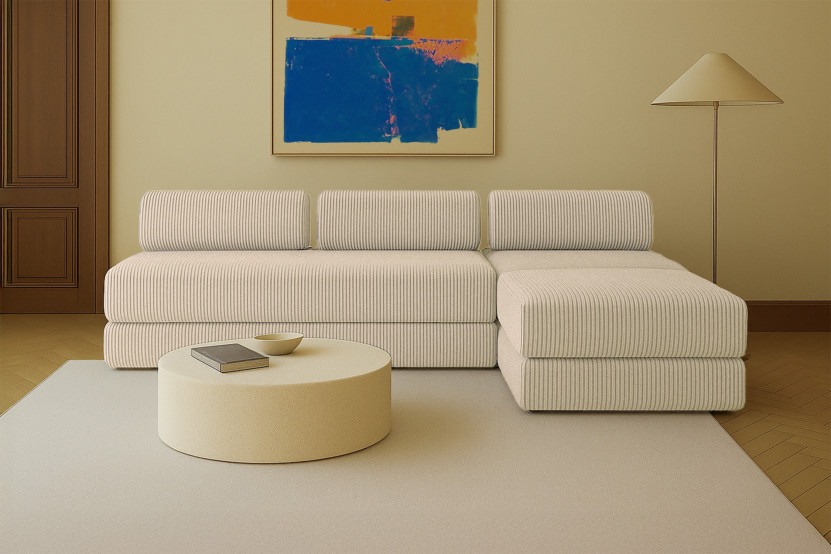 Canapé d'angle 6 places - 3 modules convertibles : Canapé 3 places + Fauteuil + Pouf - Velours côtelé XL Beige