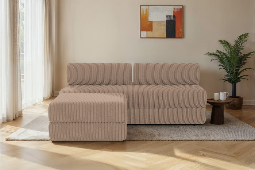 Canapé d'angle 4 places - 2 modules convertibles : Canapé 3 places + Pouf - Velours côtelé Taupe