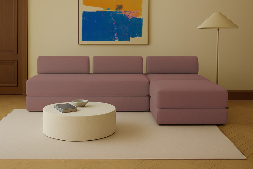 Canapé d'angle 6 places - 3 modules convertibles : Canapé 3 places + Fauteuil + Pouf - Tissu lisse Terracotta