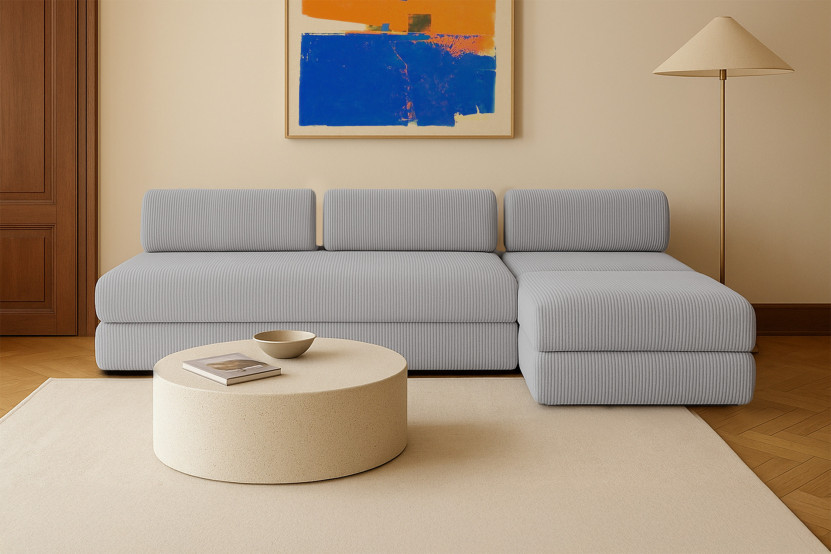 Canapé d'angle 6 places - 3 modules convertibles : Canapé 3 places + Fauteuil + Pouf - Velours côtelé Gris clair