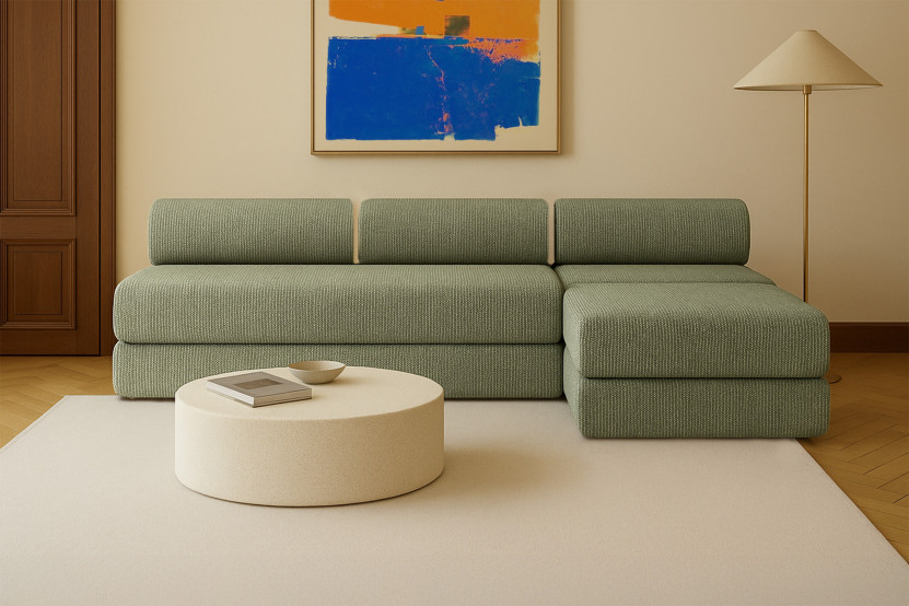 Canapé d'angle 6 places - 3 modules convertibles : Canapé 3 places + Fauteuil + Pouf - Tissu tweed Vert