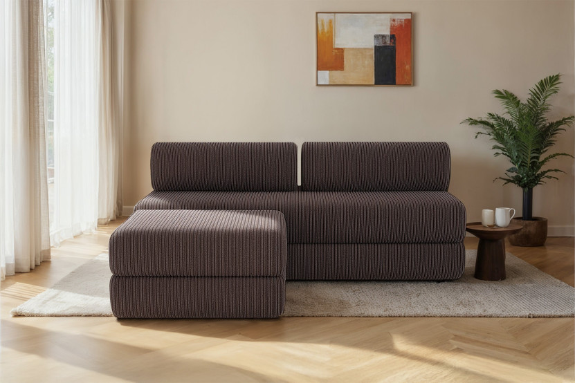 Canapé 4 places - 2 modules convertibles : Canapé 3 places + Pouf - Velours côtelé Marron