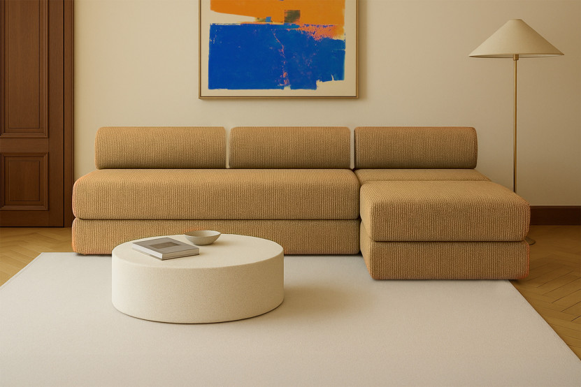 Canapé d'angle 6 places - 3 modules convertibles : Canapé 3 places + Fauteuil + Pouf - Tissu tweed Jaune