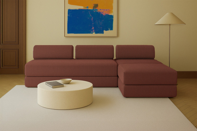 Canapé d'angle 6 places - 3 modules convertibles : Canapé 3 places + Fauteuil + Pouf - Velours côtelé XL Terracotta