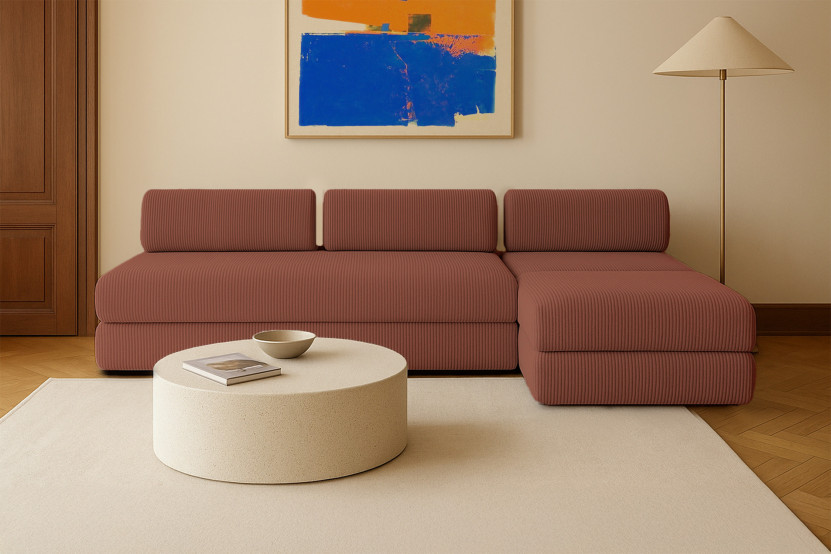 Canapé d'angle 6 places - 3 modules convertibles : Canapé 3 places + Fauteuil + Pouf - Velours côtelé Terracotta