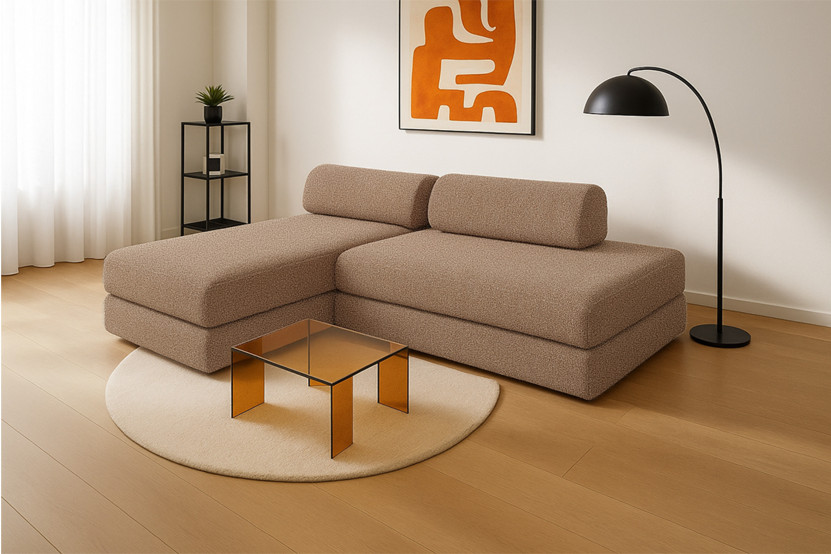 Canapé d'angle 5 places - 2 modules convertibles : Canapé 2 places + Méridienne - Tissu tweed Marron