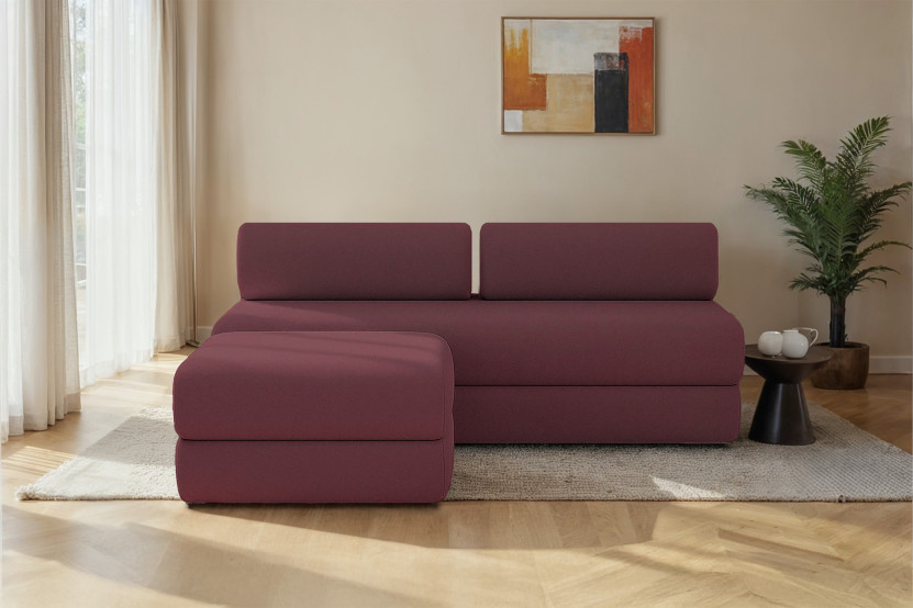 Canapé d'angle 4 places - 2 modules convertibles : Canapé 3 places + Pouf - Tissu lisse Rouge