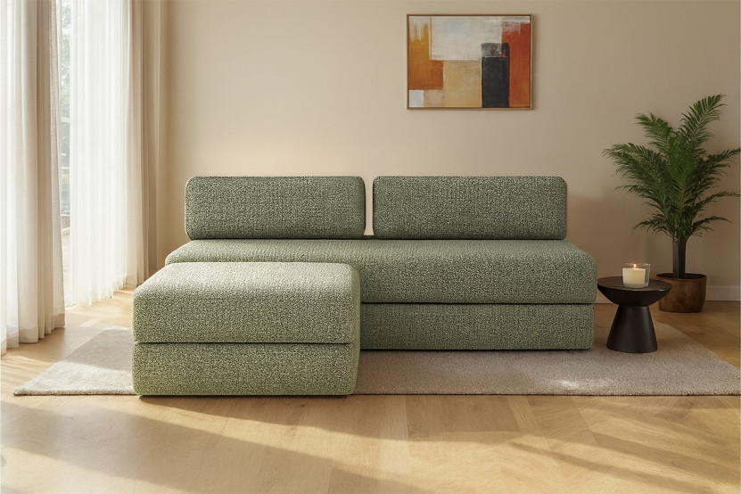 Canapé d'angle 4 places - 2 modules convertibles : Canapé 3 places + Pouf - Tissu tweed Vert