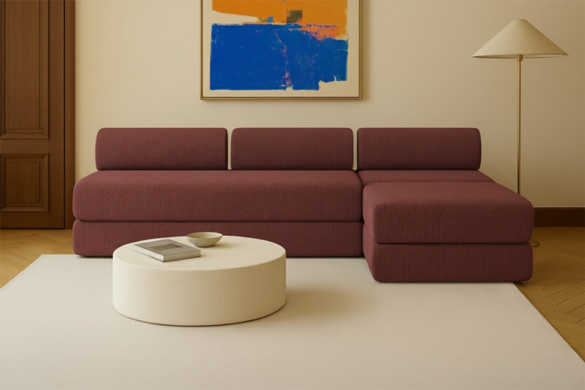 Canapé d'angle 6 places - 3 modules convertibles : Canapé 3 places + Fauteuil + Pouf - Velours côtelé Rouge