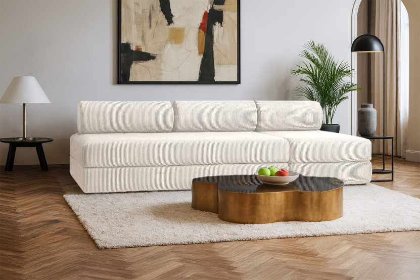 Canapé 4 places - 2 modules convertibles : Canapé 3 places + Fauteuil - Velours côtelé Blanc