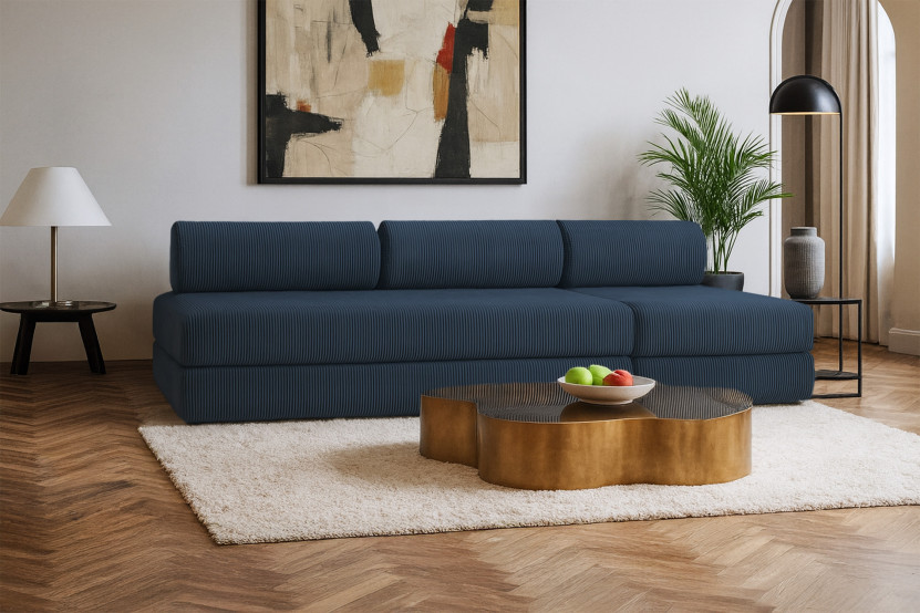 Canapé 4 places - 2 modules convertibles : Canapé 3 places + Fauteuil - Velours côtelé Bleu