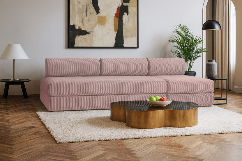 Canapé 4 places - 2 modules convertibles : Canapé 3 places + Fauteuil - Velours côtelé Rose pâle