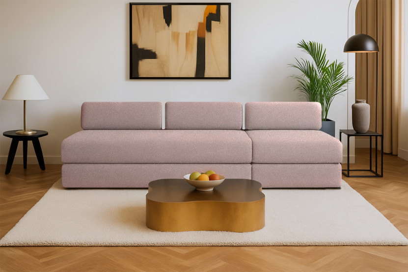 Canapé 4 places - 2 modules convertibles : Canapé 3 places + Fauteuil - Tissu lisse Rose