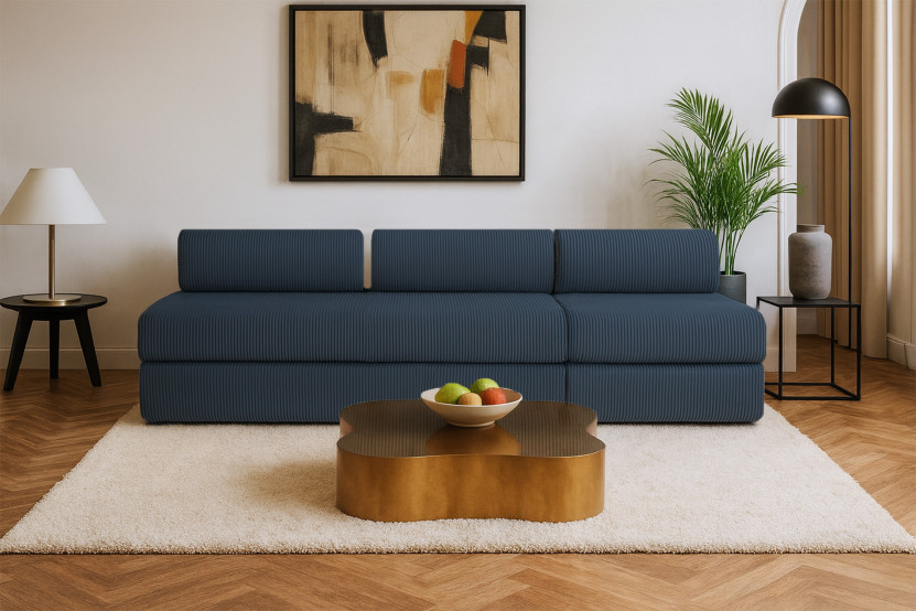 Canapé 4 places - 2 modules convertibles : Canapé 3 places + Fauteuil - Velours côtelé Bleu