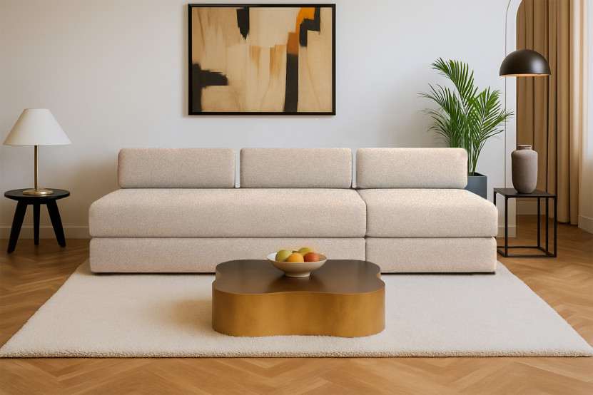 Canapé 4 places - 2 modules convertibles : Canapé 3 places + Fauteuil - Tissu lisse Beige