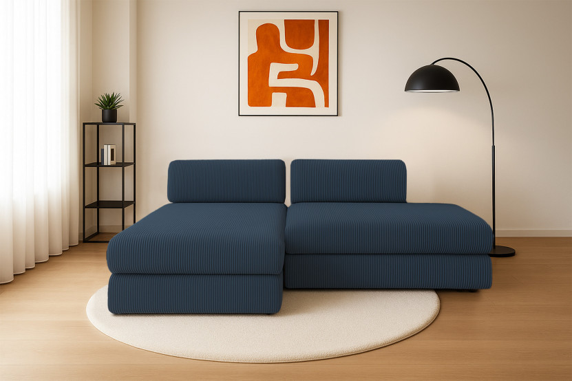 Canapé d'angle 5 places - 2 modules convertibles : Canapé 2 places + Méridienne - Velours côtelé Bleu