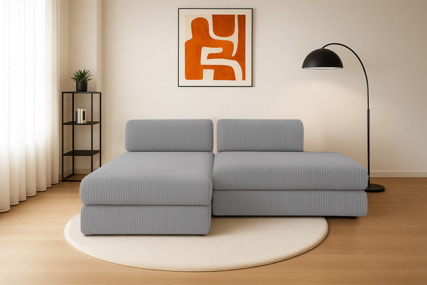 Canapé d'angle 5 places - 2 modules convertibles : Canapé 2 places + Méridienne - Velours côtelé Gris clair