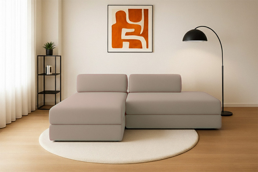 Canapé d'angle 5 places - 2 modules convertibles : Canapé 2 places + Méridienne - Tissu lisse Taupe