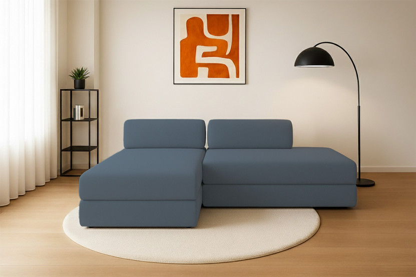 Canapé d'angle 5 places - 2 modules convertibles : Canapé 2 places + Méridienne - Tissu lisse Bleu