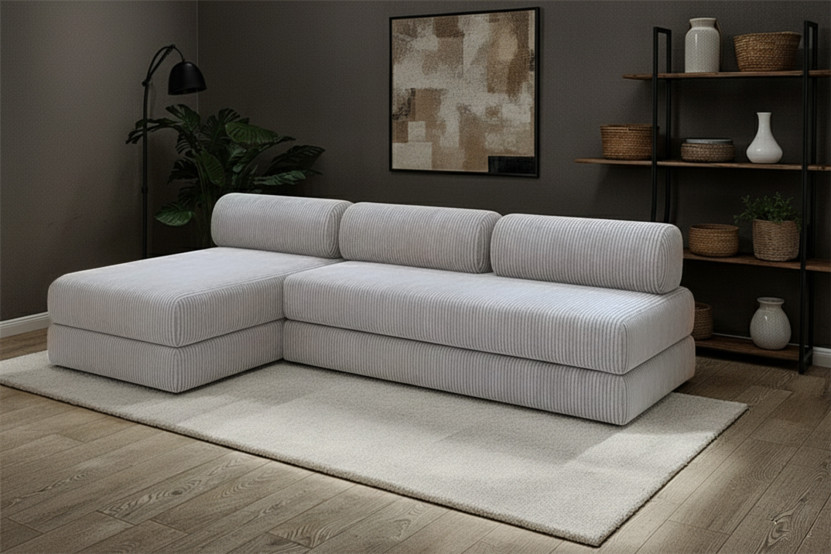 Canapé d'angle 6 places - 2 modules convertibles : Canapé 3 places + Méridienne - Velours côtelé Gris clair