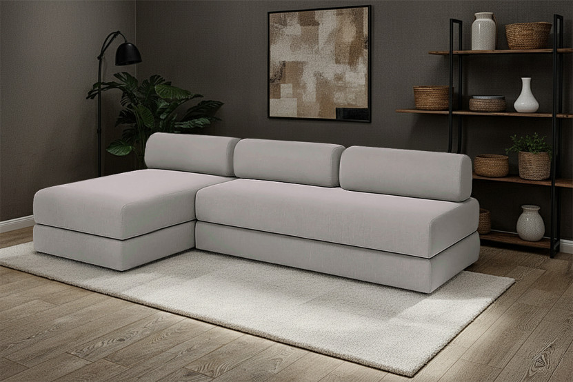 Canapé d'angle 6 places - 2 modules convertibles : Canapé 3 places + Méridienne - Tissu lisse Gris clair