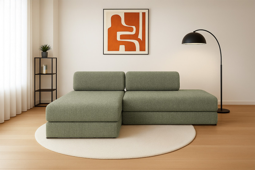 Canapé d'angle 5 places - 2 modules convertibles : Canapé 2 places + Méridienne - Tissu tweed Vert