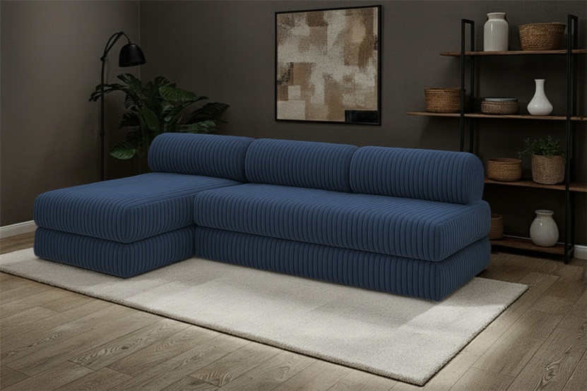 Canapé d'angle 6 places - 2 modules convertibles : Canapé 3 places + Méridienne - Velours côtelé XL Bleu