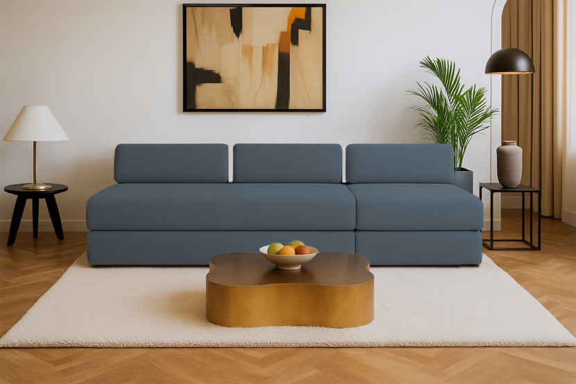 Canapé 4 places - 2 modules convertibles : Canapé 3 places + Fauteuil - Tissu lisse Bleu